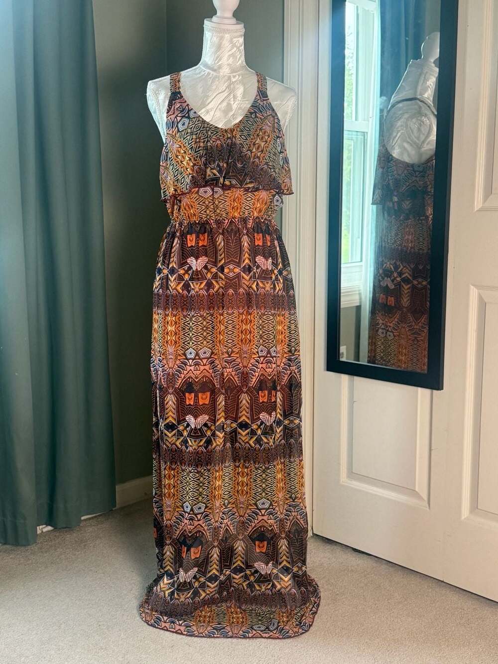Tyche Boho Tribal Print Racerback Ruffle Overlay Maxi Dress Medium Festival Reso